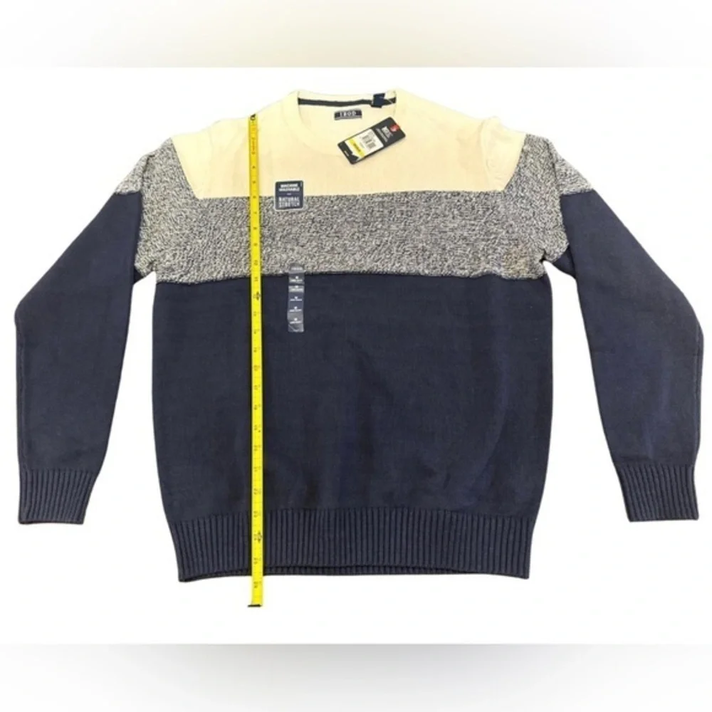 IZOD Mens Colorblock Crewneck Sweater Navy Cream‎ Grey Marl Stretch Pullover M